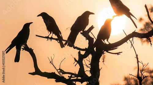  A flock of avian perched upon tree limbs, silhouetted against the descending sun during midday