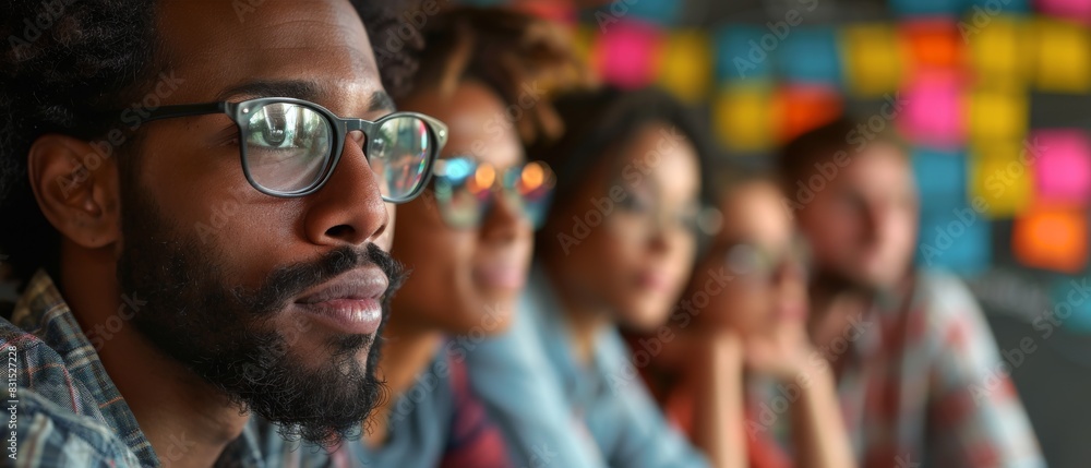 Obraz premium Diverse group of young professionals in a modern office brainstorming ideas. Focus on serious expression and reflective thinking.