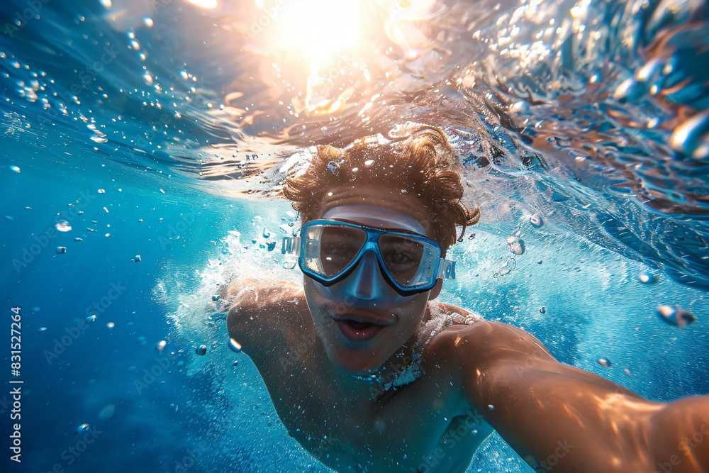 Young man with goggles smiles underwater, sunlight pierces the sea surface, capturing the essence of a carefree, aquatic adventure
