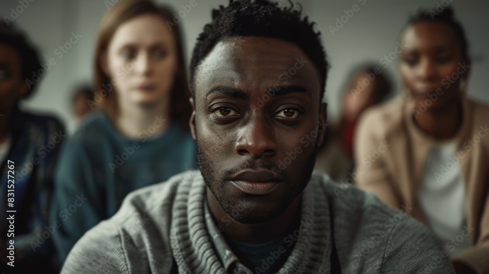 Portrait of a contemplative young man with a blurred group of people behind him Portrait of a contemplative young man with a blurred group of people behind him