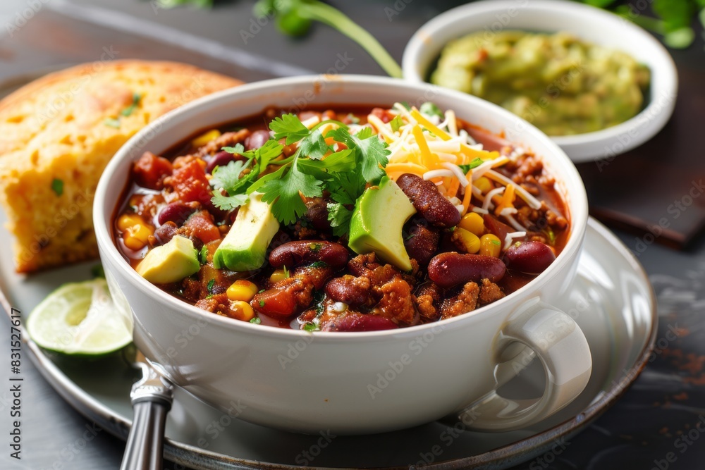 Chili con carne with cornbread and guacamole Chili con carne with cornbread and guacamole
