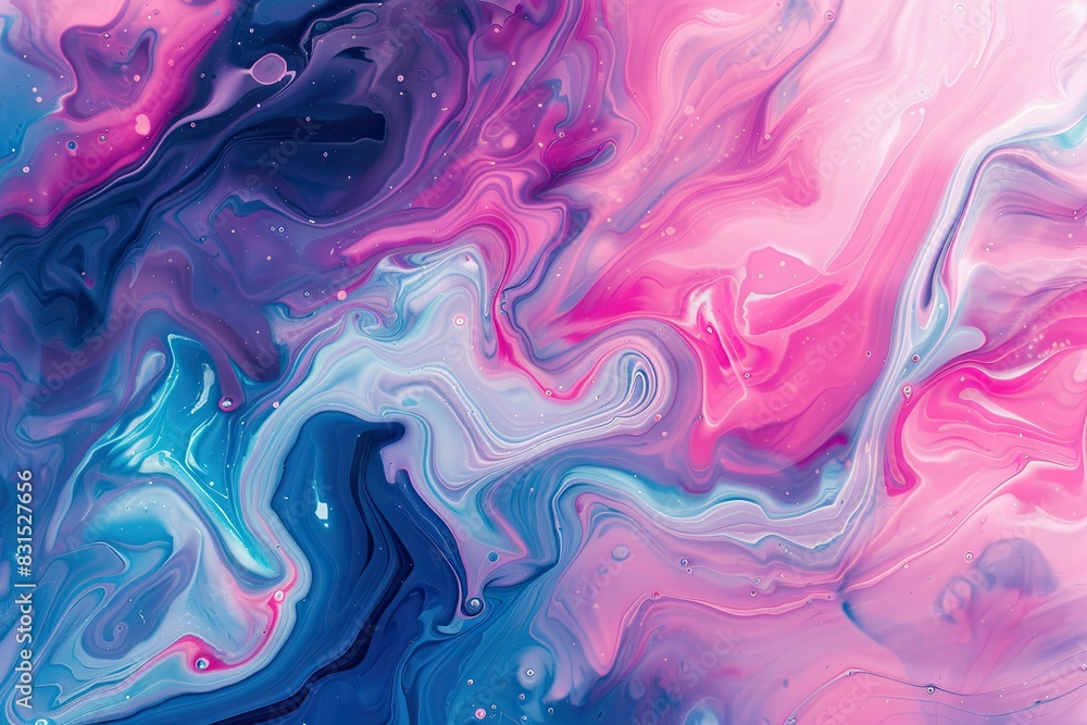 Abstract liquid marble texture background with pink, purple and blue colors. Acrylic paint swirls and waves for a creative design. Close up view of flowing acrylic fluid art in the style of flowing ac