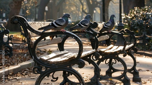  A flock of birds perched on a wooden park bench, huddled together