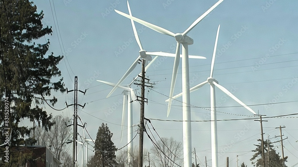 Wind turbines line up near power lines and poles, with snow-covered ground, in rural areas Wind turbines line up near power lines and poles, with snow-covered ground, in rural areas