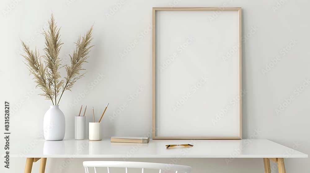 Photo of a minimal workspace with a blank frame, vase, and stationery on a white table against a white wall in the background.
