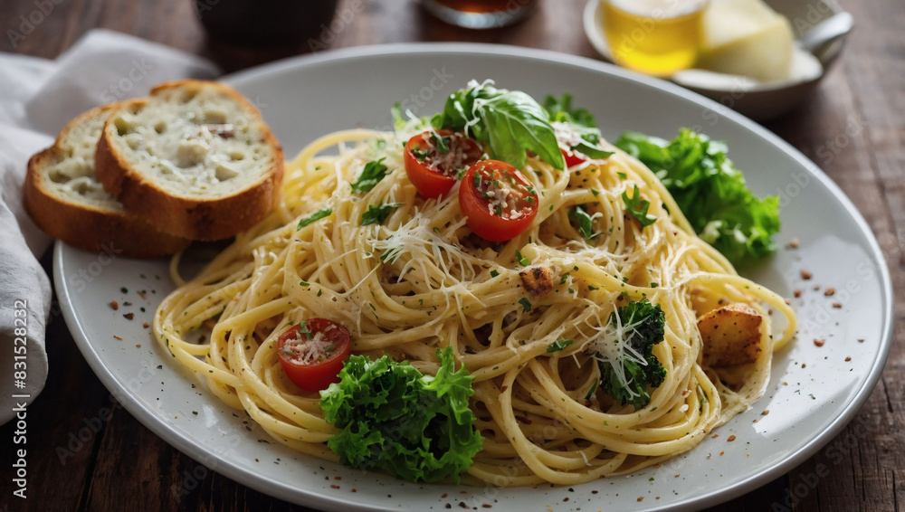Spaghetti Carbonara with garlic bread and Caesar salad, top view. Spaghetti Carbonara with garlic bread and Caesar salad, top view.