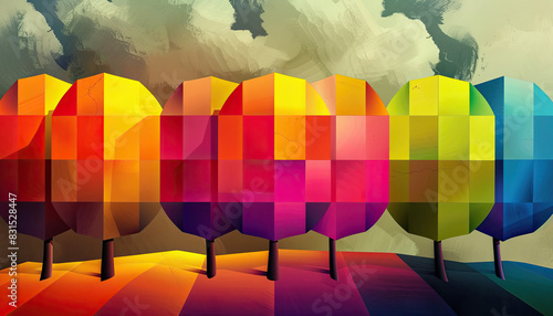 A series of vibrant, pixelated trees stand in a geometric pattern against a cloudy sky. The trees feature various bright colors, creating a vivid and imaginative landscape.