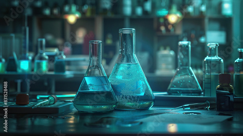 glass flasks in laboratory with blur effect background, flask with chemicals , science lab , Checking the quality of petroleum products refining concept.