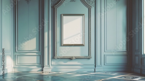 The image shows the classic interior of a room with marble floor and pilasters on the walls in blue. photo
