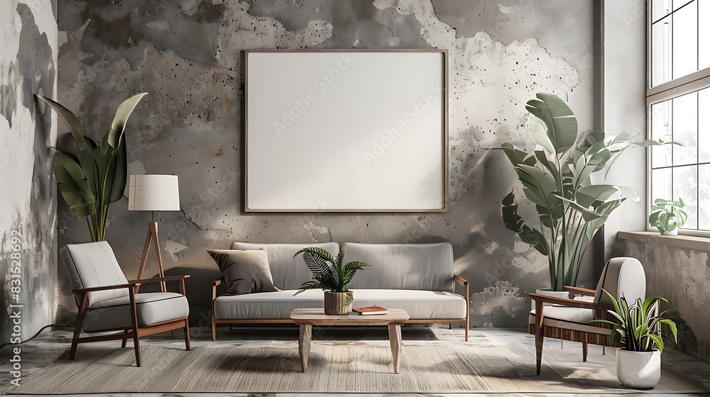 The photo shows a living room with a large white sofa, two armchairs, a coffee table, and several plants The photo shows a living room with a large white sofa, two armchairs, a coffee table, and several plants