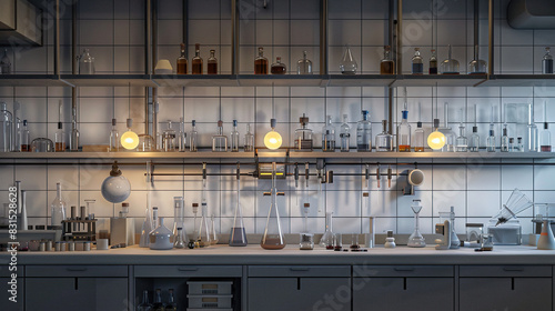 glass flasks in laboratory with blur effect background, flask with chemicals , science lab , Checking the quality of petroleum products refining concept.