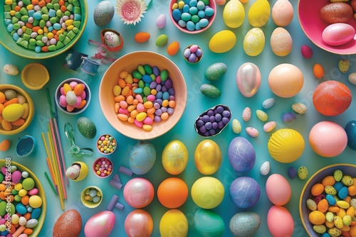 Easter eggs and jelly beans fill bowls against blue background. photo