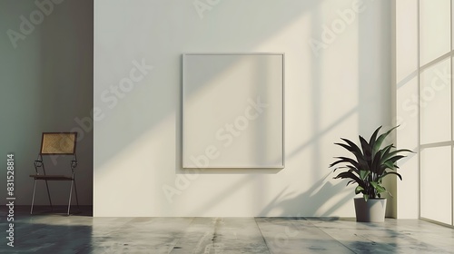 The photo shows a white wall with a blank frame and a potted plant next to it. There is a wooden chair in the background. The room is lit with natural light.