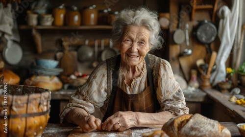 Elderly woman with a warm smile baking homemade bread in a rustic kitchen, surrounded by traditional cooking utensils and fresh ingredients.