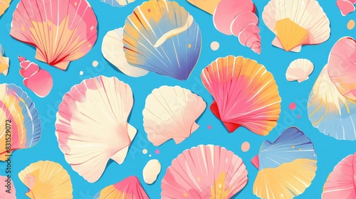 A vibrant illustration showcasing pink blue and yellow seashells in a 2d format resembling beautiful pearl bivalve mollusks This underwater scene features scallops and bivalve pearl shells i photo