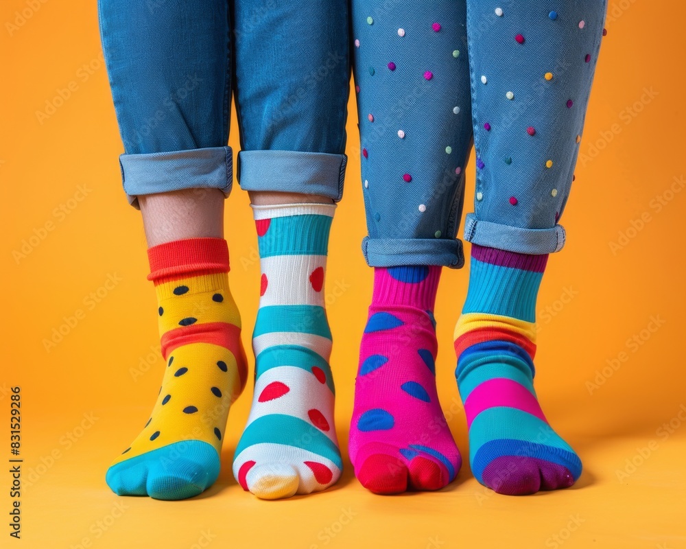 Two pairs of feet wearing colourful socks against orange background. Two pairs of feet wearing colourful socks against orange background.