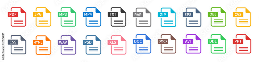 File formats big icon collection. File format of document icons set. PDF, JPG, DOC, PPT, XLS, MP4, RAR, AI, ZIP, MP3, MPV, GSF and more vectors. File formats big icon collection. File format of document icons set. PDF, JPG, DOC, PPT, XLS, MP4, RAR, AI, ZIP, MP3, MPV, GSF and more vectors.