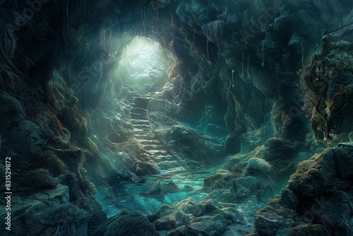 Captivating digital artwork of a magical cave opening with ethereal lighting