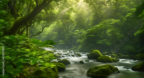 A clear river flows steadily amidst a dense lush green forest creating a serene and captivating scene A quiet river meandering through a thick rainforest photo