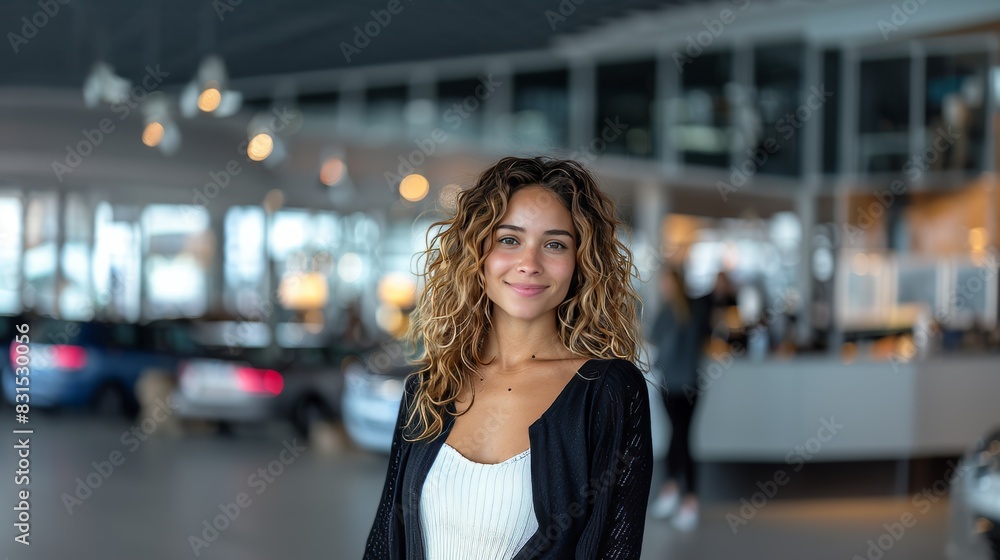 Car saleswoman latina stands in the salesroom of a car dealership and smiles into the camera. Car saleswoman latina stands in the salesroom of a car dealership and smiles into the camera.