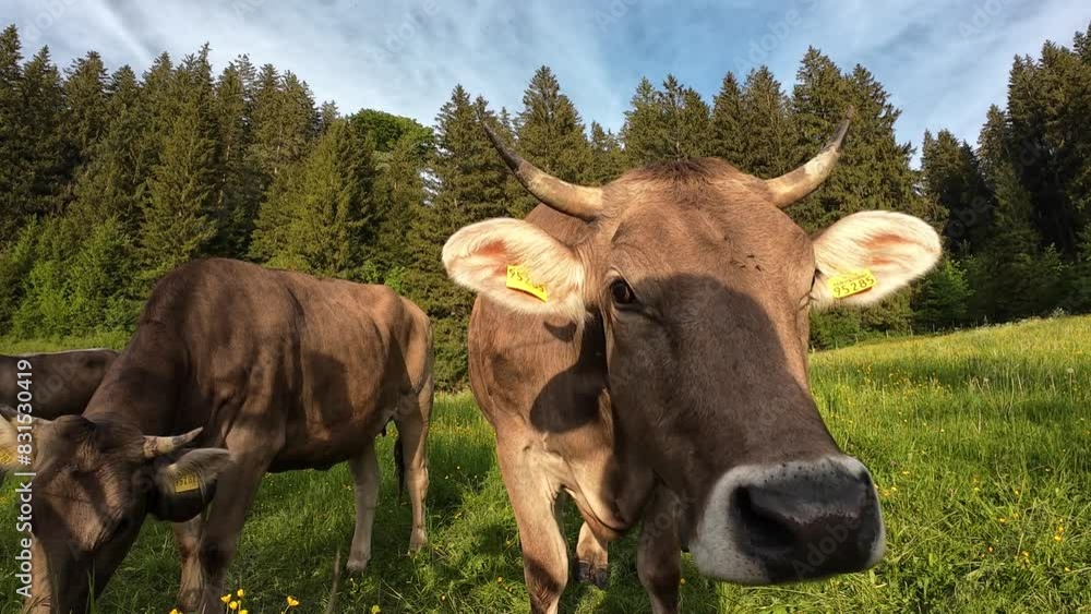 Lustiges Video von neugierigen Kühen mit Hörnern auf einer Wiese in Bayern Lustiges Video von neugierigen Kühen mit Hörnern auf einer Wiese in Bayern