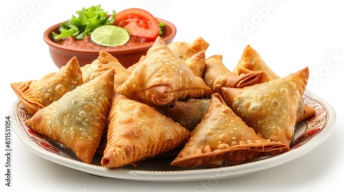 Samosa , Indian Snack in rectangle plate. isolated on white background 