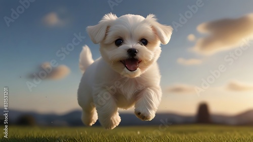 Cute Maltese Puppy smiling and Jumping in Joy