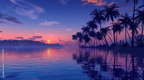 Serene beach scene at dusk with palm trees silhouetted © Nijat