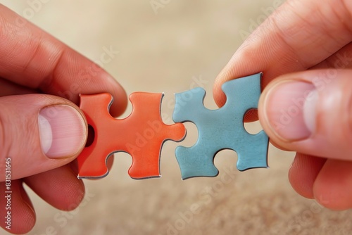 Two hands connect two puzzle pieces. photo