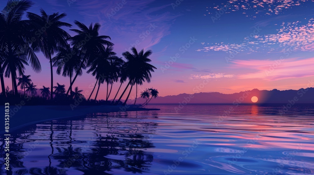 Serene beach scene at dusk with palm trees silhouetted