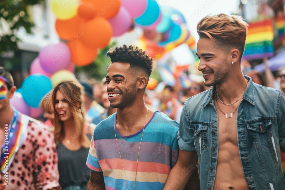 Happy Couple at Pride Parade with Colorful Balloons Happy Couple at Pride Parade with Colorful Balloons