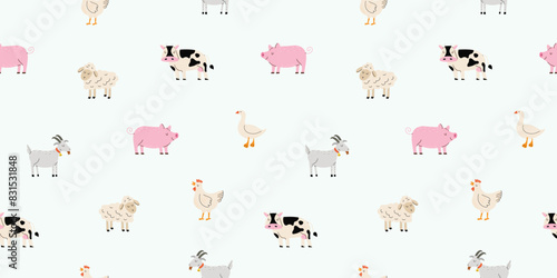 Seamless pattern with farm animals. Farm. Minimalistic cute print. Cow, pig, goat, goose, goose. Vector illustration in flat style.  Design for print, fabric, textile, wallpaper, wrapping.