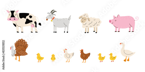 Vector set of farm animals. Goose, chicken, turkey, pig, cow, goat, sheep. White isolated background.
