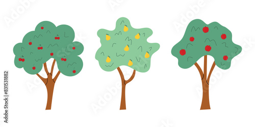 Vector set of fruit trees. Illustration in flat style. Apple tree, pear tree, cherry tree. White isolated background.