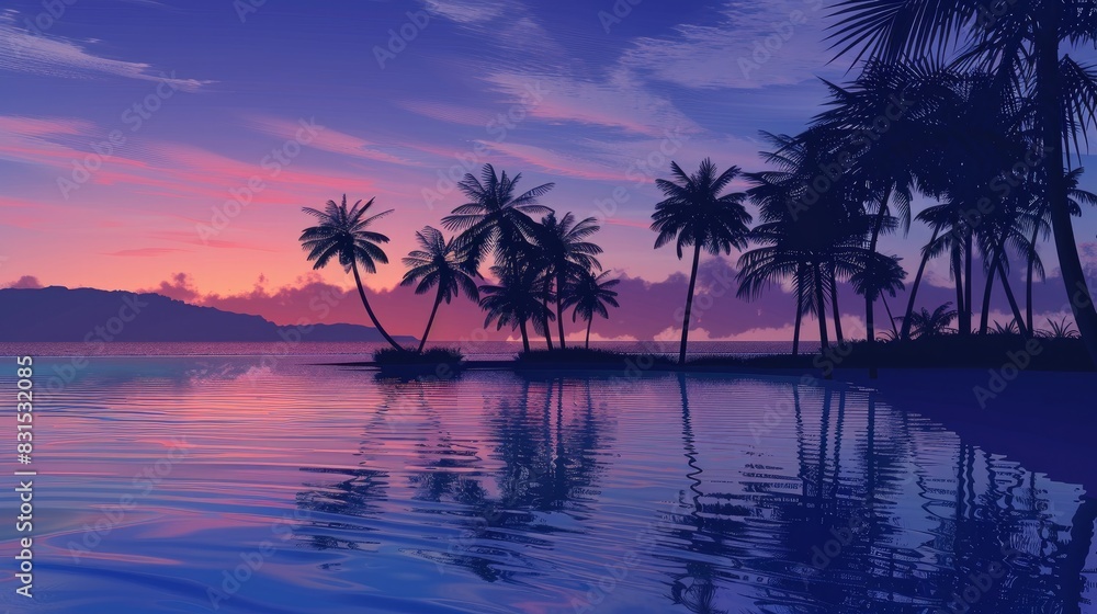 Serene beach scene at dusk with palm trees silhouetted
