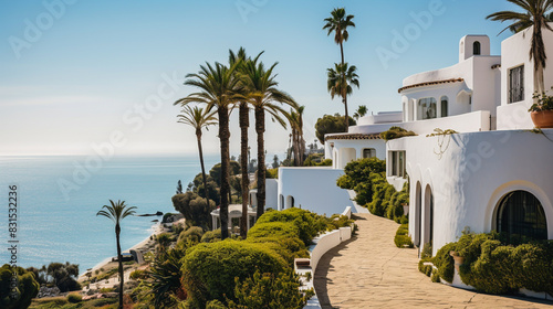 Coastal pathway curves around a white Mediterranean villa with towering palm trees and ocean views.