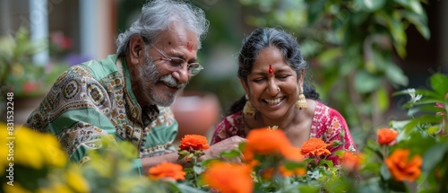 Happy senior couple gardening together, surrounded by vibrant flowers, enjoying outdoor activity and nature. © AbsoluteAI