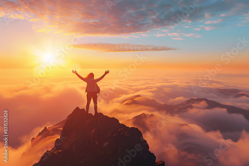 Happy woman with hands up on the top of the world above clouds 