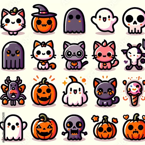 Cute Halloween Icons Set with Cat  Ghost  and Pumpkin  