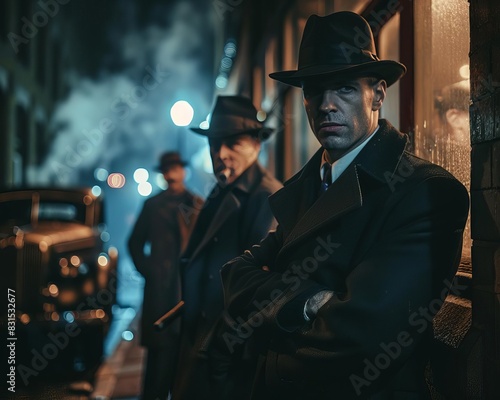 An elegant mafia gathering, with members leaning against a vintage car, smoking cigars and discussing plans in hushed tones, under the cover of night
