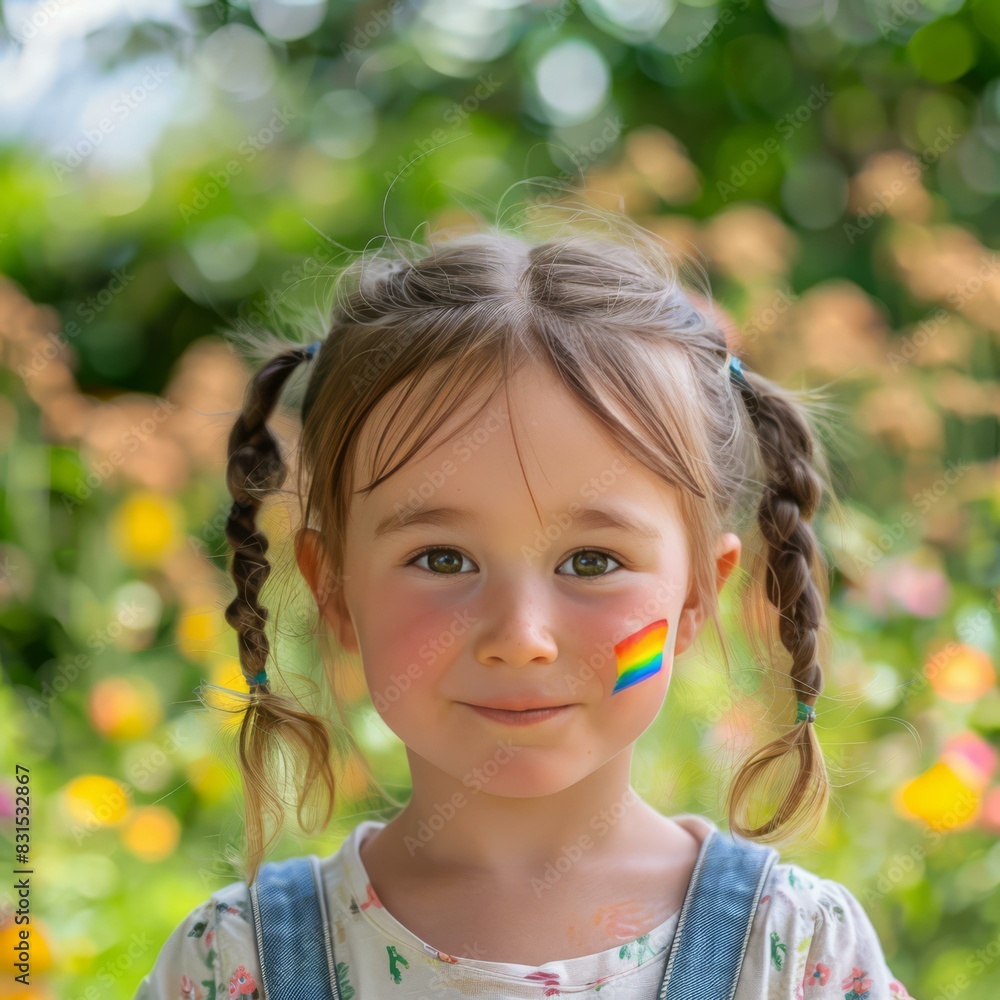 Smiling Girl with Rainbow Face Paint in Garden Smiling Girl with Rainbow Face Paint in Garden