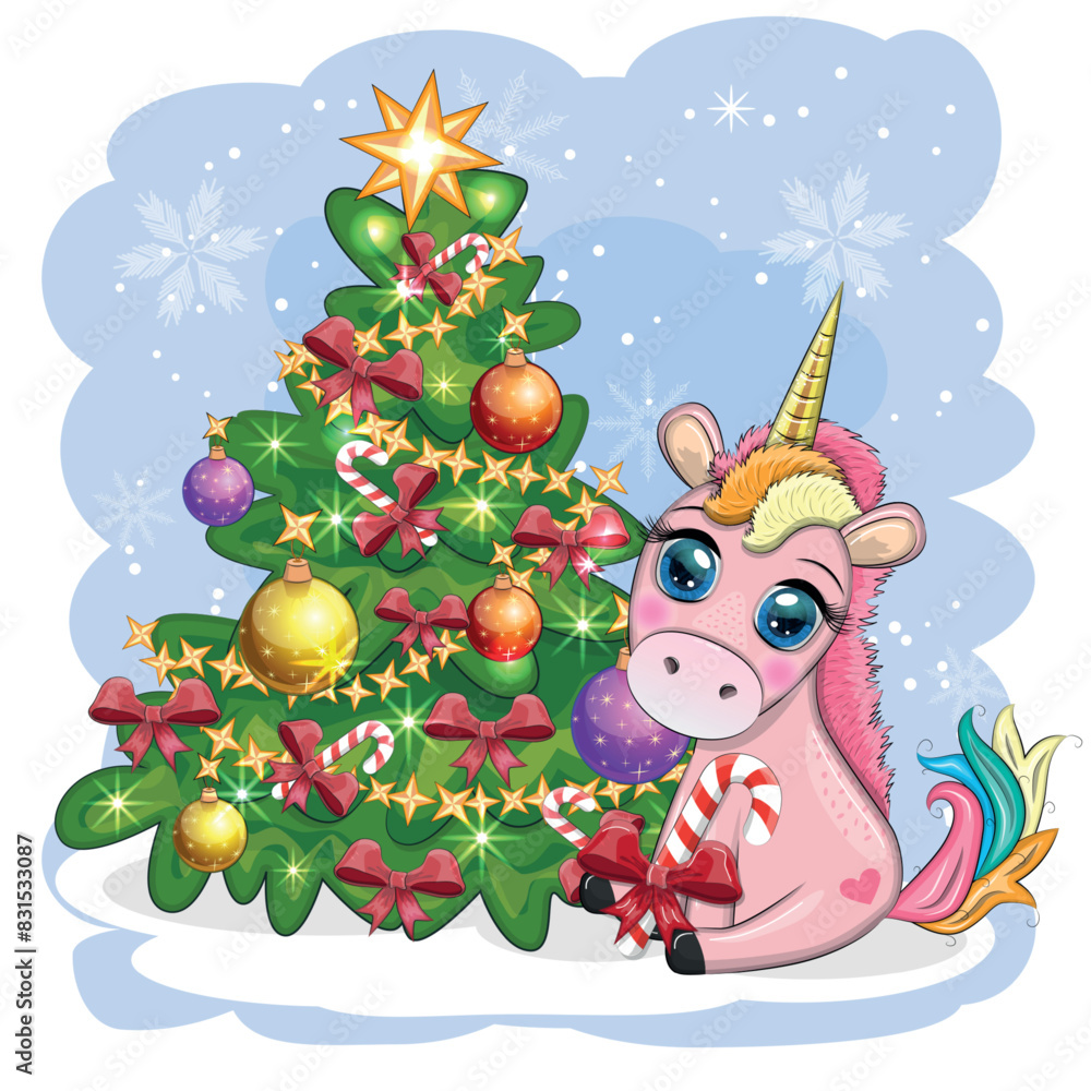 Fototapeta premium Cute cartoon unicorn in santa hat near christmas tree with gifts, balls. New Year and Christmas greeting card