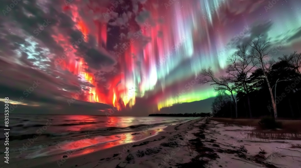   A colorful Aurora Borealis dances above a tree-lined beach and shimmering water
