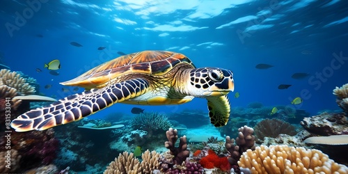 Hawksbill turtle spotted swimming in Maldives  Indian Ocean coral reef. Concept Marine life  Coral reef  Ocean biodiversity  Endangered species  Conservation efforts