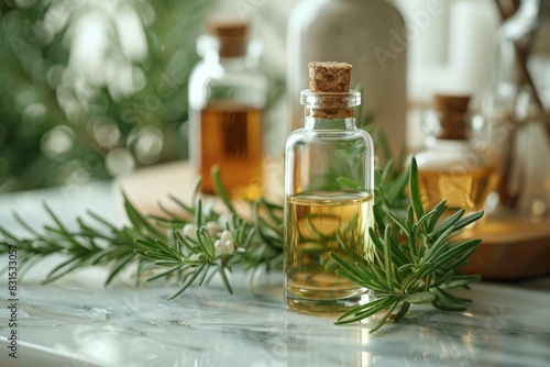 wellness concept with a clear glass bottle of rosemary essential oil and fresh rosemary twigs on marble background, promoting relaxation
