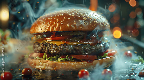 Cinematic double patty cheese Burger Feast. High-Quality Beef burger Imagery.Close up of tasty burger isolated on white background.junk fast food. photo