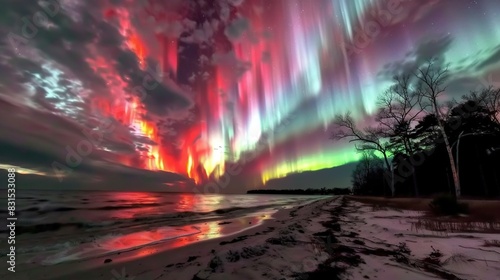   A colorful Aurora Borealis dances above a tree-lined beach and shimmering water