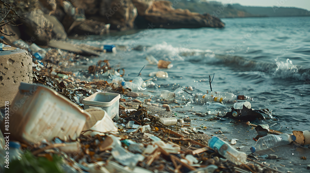 A beach is covered in trash, including plastic bottles and other debris