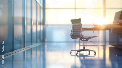 An empty swivel chair sits at a desk in a modern office with glass walls, bathed in warm sunset light. photo
