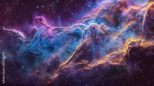 A colorful space scene with a rainbow of clouds and stars